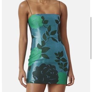 Bec & Bridge Lurex Sparkle Soiree Mini Dress Green Floral Jacquard AU8 / US4